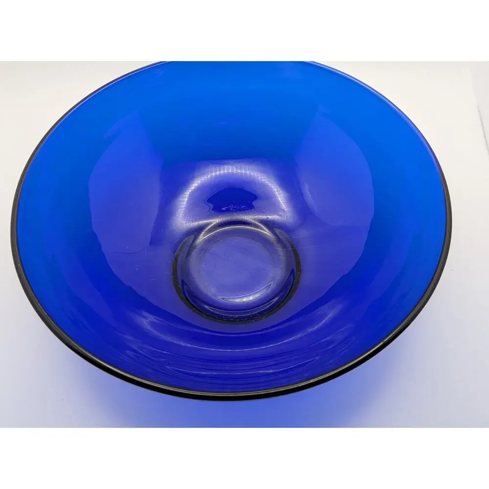 Cobalt Blue Glass Bowl 8 Inch Round 3 Inch Tall Vintage MCM Style Serving Fruit